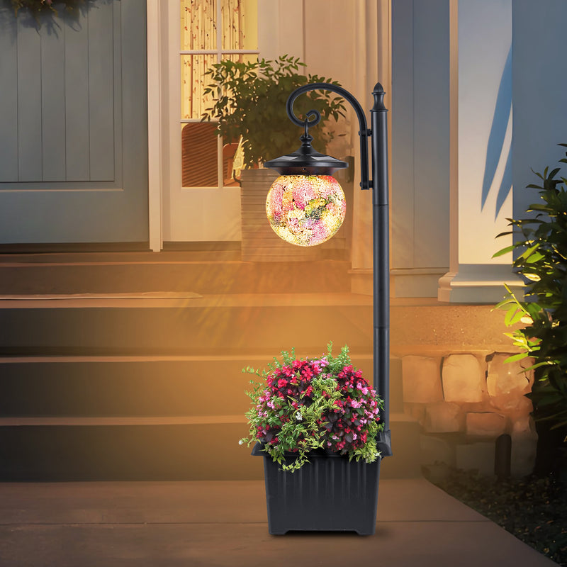 C Cattleya Solar Outdoor Post Light with Planter and Mosaic Glass Shade