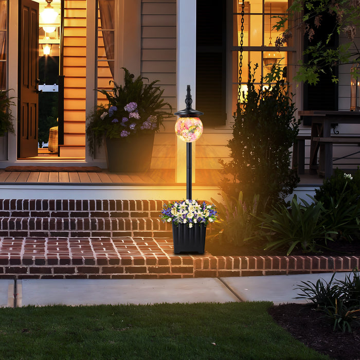 Solar Outdoor Post Light with Planter and Mosaic Glass Shade
