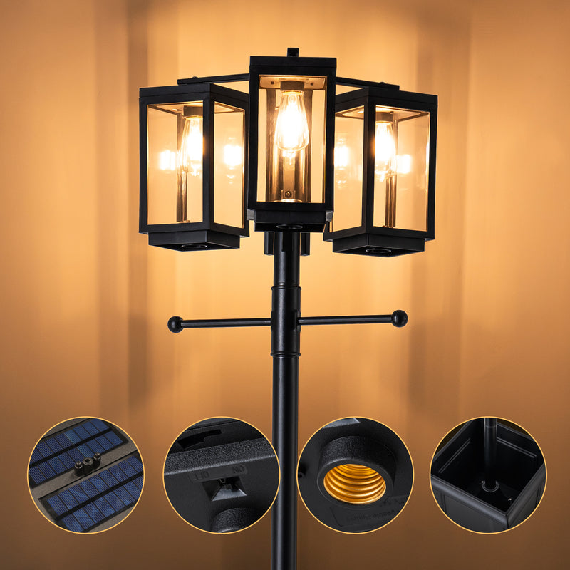 3-Light 77.5in Black Complete Post Light with Planter and Clear Tempered Glass