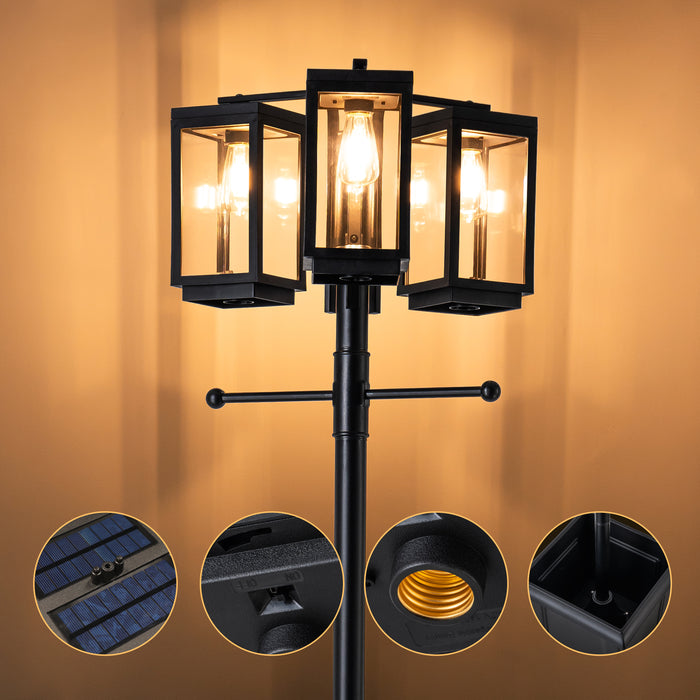 3-Light 77.5in Black Complete Post Light with Planter and Clear Tempered Glass
