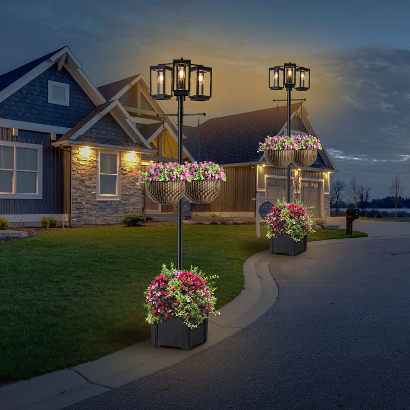 3-Light 77.5in Black Complete Post Light with Planter and Clear Tempered Glass