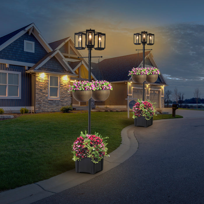 3-Light 77.5in Black Complete Post Light with Planter and Clear Tempered Glass