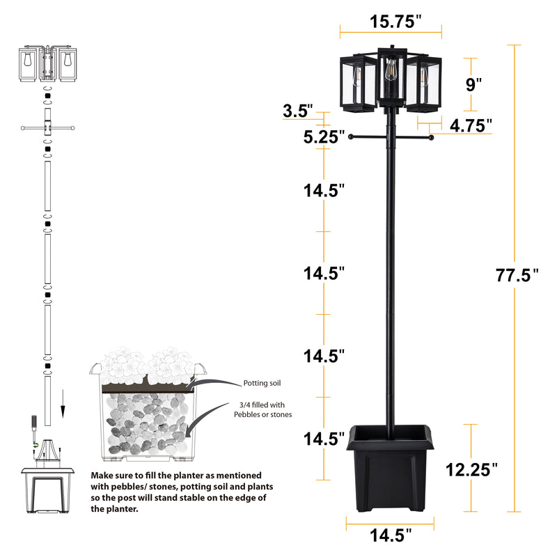 3-Light 77.5in Black Complete Post Light with Planter and Clear Tempered Glass