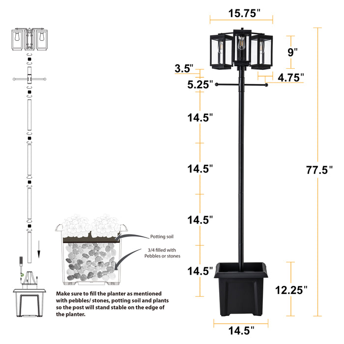 3-Light 77.5in Black Complete Post Light with Planter and Clear Tempered Glass