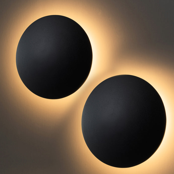 2-pack 10 in. and 8in. Black Aluminum Round Disc LED Indoor Outdoor Wall Lantern Sconce