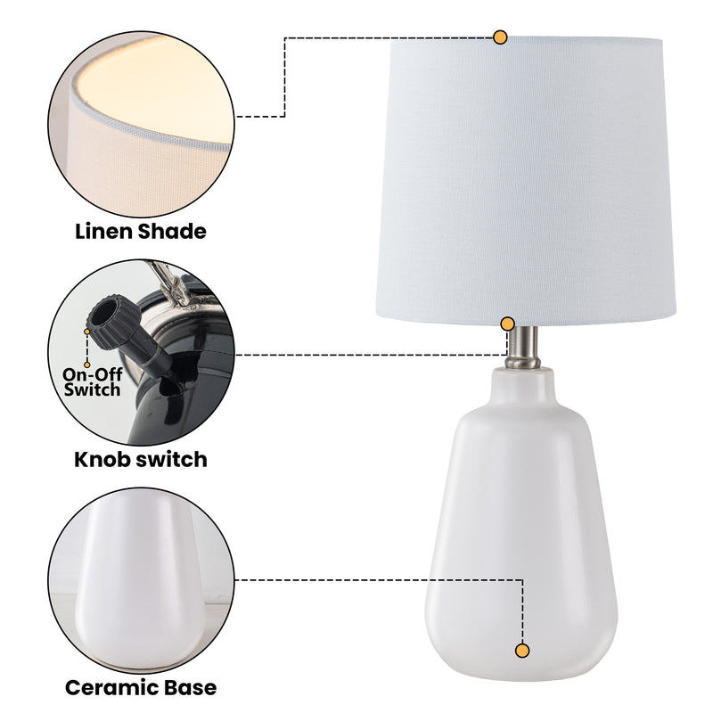 18.5in. Modern Minimalist White Ceramic Table Lamp with Linen Shade for Bedroom,Living Room,Nightstand