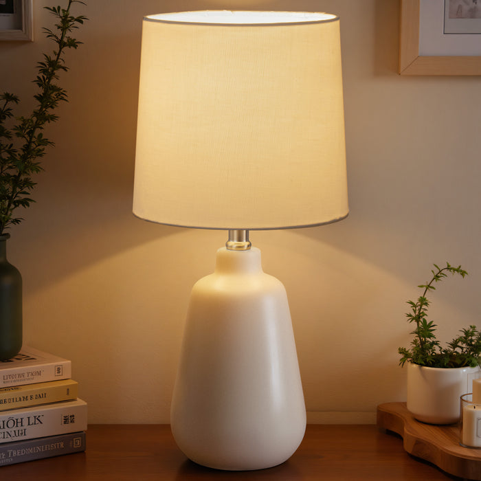 18.5in. Modern Minimalist White Ceramic Table Lamp with Linen Shade for Bedroom,Living Room,Nightstand