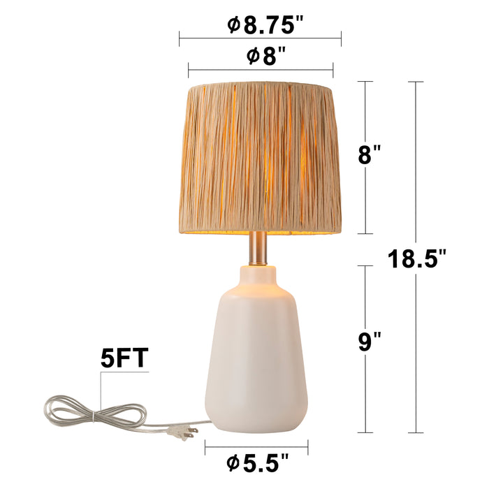 18.5in. 1-Light Farmhouse White Ceramic Table Lamp with Paper Rope Shade for Bedroom,Living Room,Nightstand