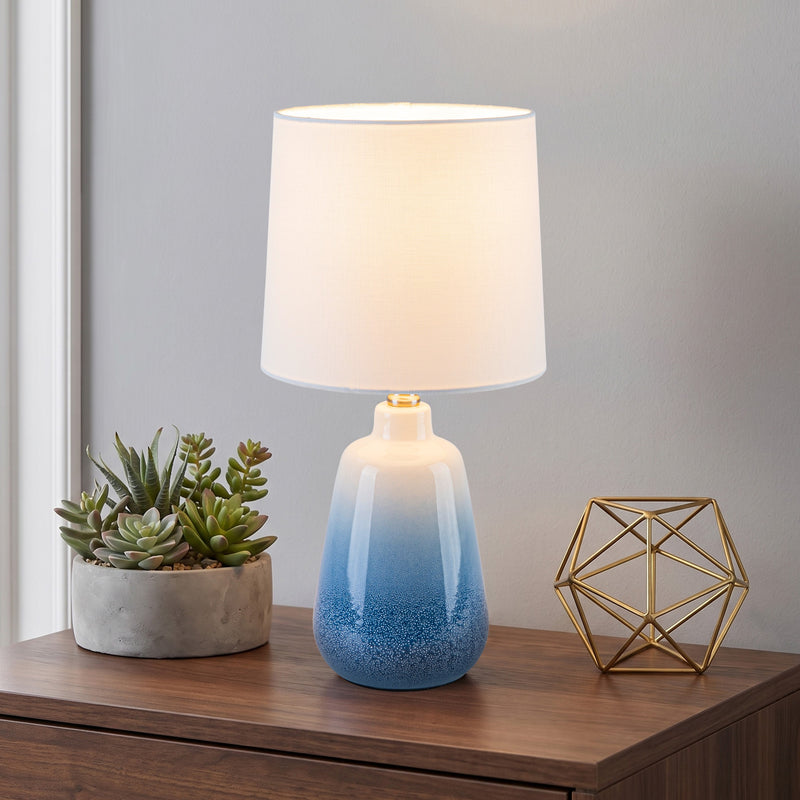 C Cattleya 18.5-Inch Gradient Blue Ceramic Table Lamp with White Fabric Shade for Nightstand,Bedroom