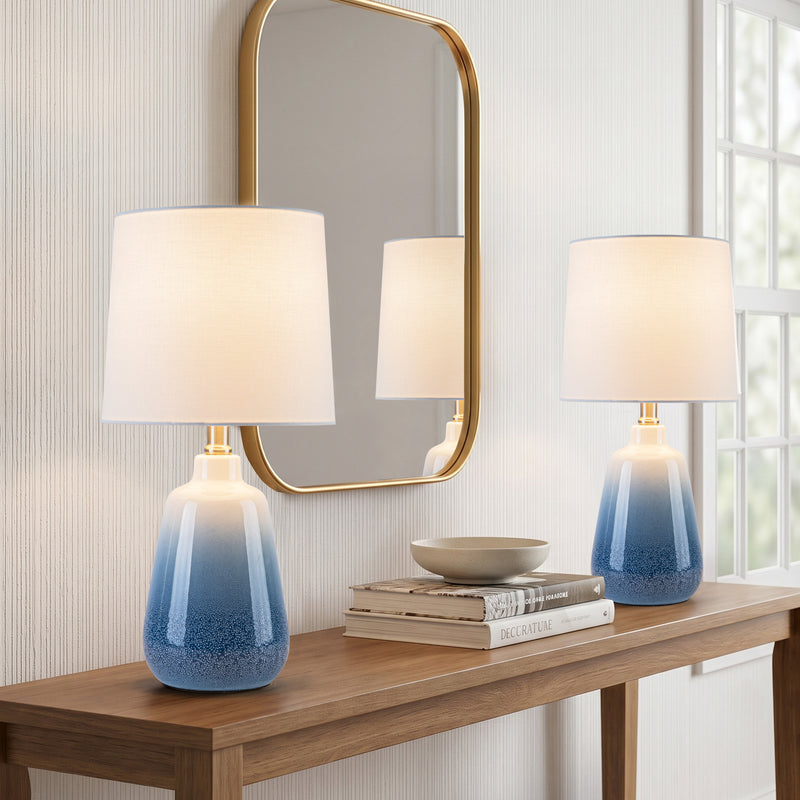 C Cattleya 18.5-Inch Gradient Blue Ceramic Table Lamp with White Fabric Shade for Nightstand,Bedroom