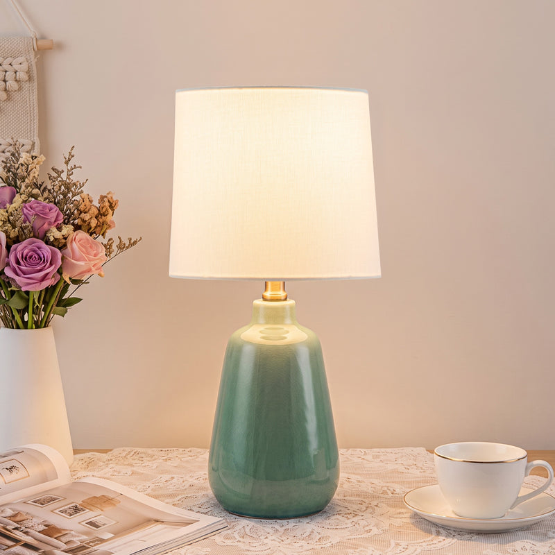 C Cattleya 18.5-Inch Green Crackle Ceramic Table Lamp with Yellow Linen Shade for Nightstand, Bedroom