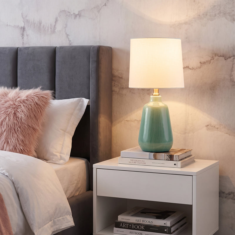 C Cattleya 18.5-Inch Green Crackle Ceramic Table Lamp with Yellow Linen Shade for Nightstand, Bedroom