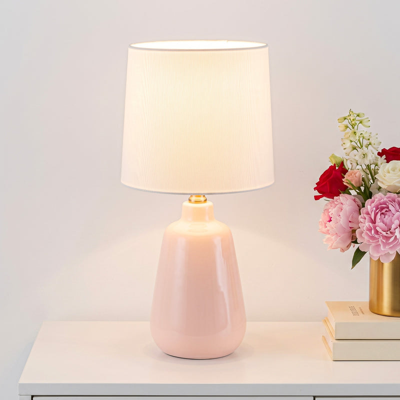 C Cattleya 18.5-Inch Glossy Pink Ceramic Table Lamp with White Fabric Shade for Kids Room,Bedroom