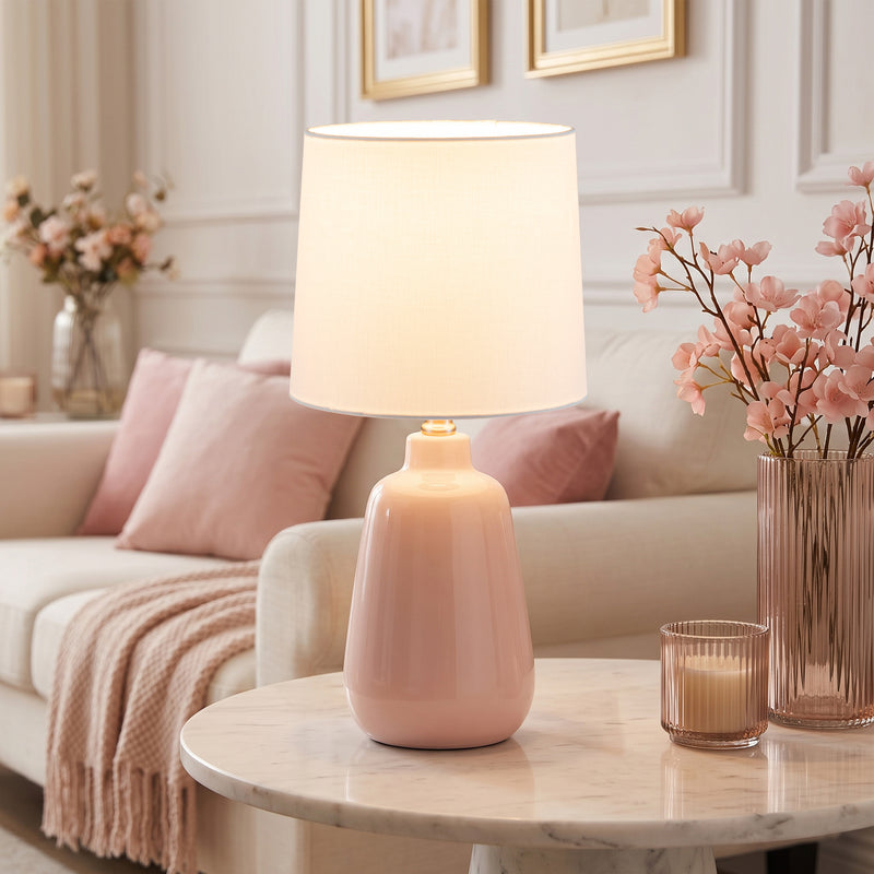 C Cattleya 18.5-Inch Glossy Pink Ceramic Table Lamp with White Fabric Shade for Kids Room,Bedroom