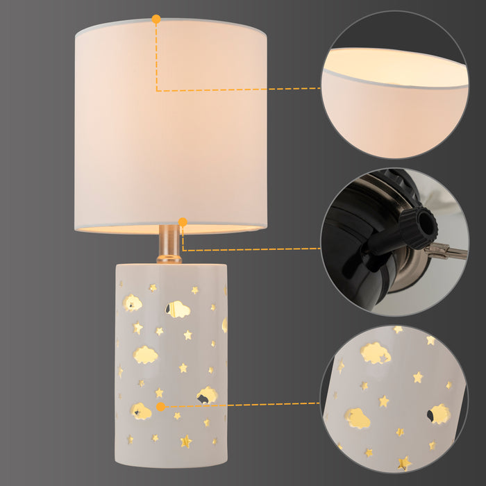 17.5” 1-Light Starry Table Lamp with White Ceramic Base and TC Fabric Shade, 3 Lighting Modes for Living Room,Nightstand and Kids Room