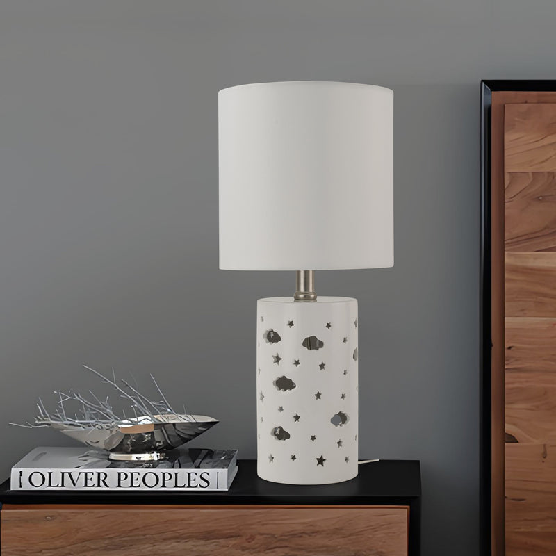 C Cattleya 17.5" 1-Light Starry Table Lamp with White Ceramic Base and TC Fabric Shade, 3 Lighting Modes for Living Room,Nightstand and Kids Room