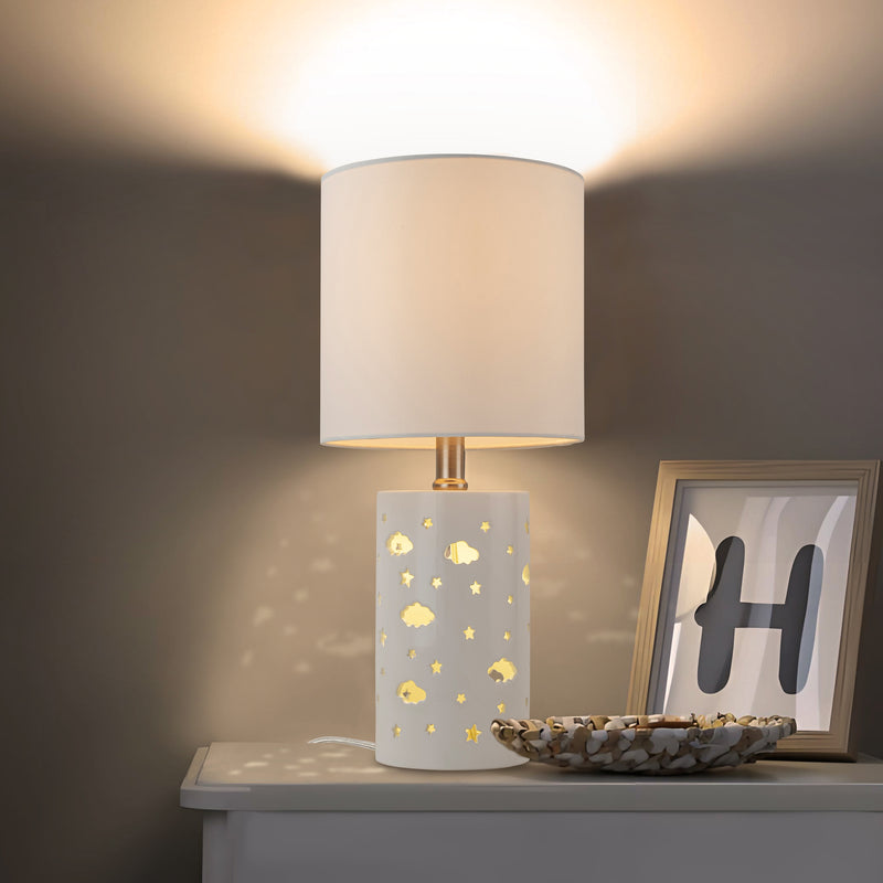 C Cattleya 17.5" 1-Light Starry Table Lamp with White Ceramic Base and TC Fabric Shade, 3 Lighting Modes for Living Room,Nightstand and Kids Room