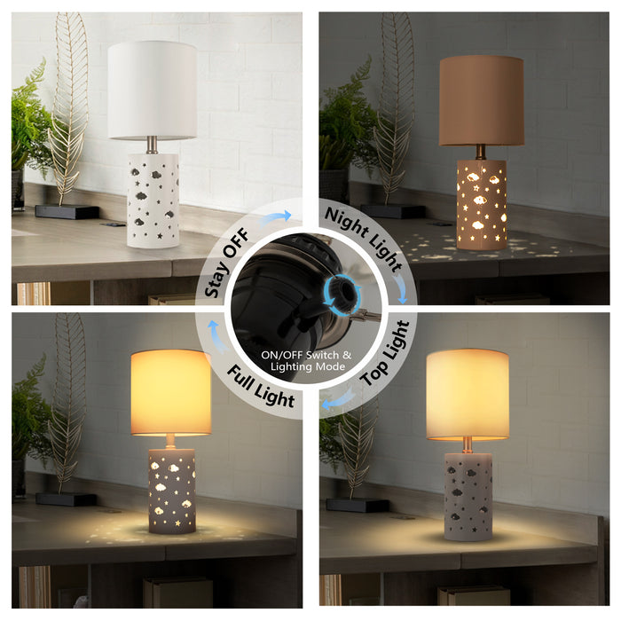 17.5” 1-Light Starry Table Lamp with White Ceramic Base and TC Fabric Shade, 3 Lighting Modes for Living Room,Nightstand and Kids Room