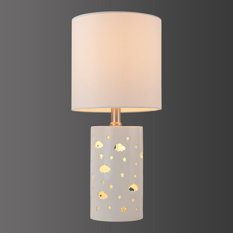 C Cattleya 17.5” 1-Light Starry Table Lamp with White Ceramic Base and TC Fabric Shade, 3 Lighting Modes for Living Room,Nightstand and Kids Room