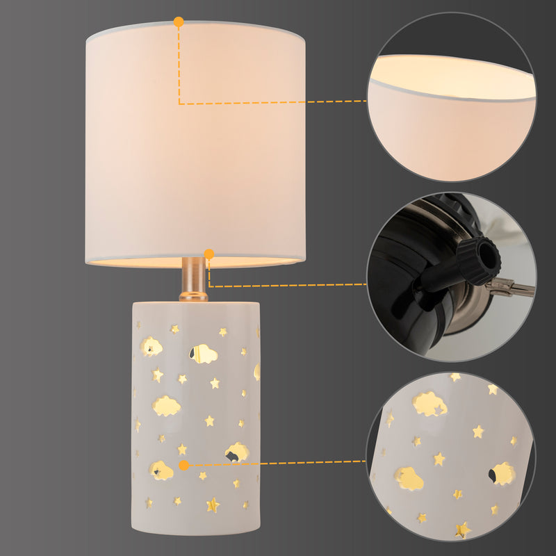 C Cattleya 17.5” 1-Light Starry Table Lamp with White Ceramic Base and TC Fabric Shade, 3 Lighting Modes for Living Room,Nightstand and Kids Room