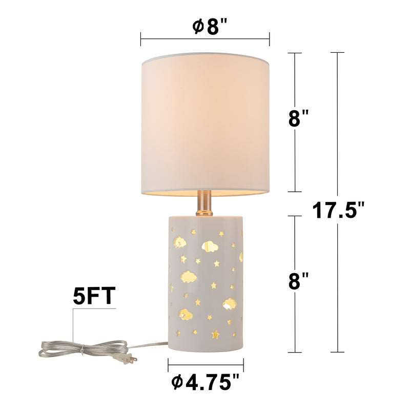 C Cattleya 17.5” 1-Light Starry Table Lamp with White Ceramic Base and TC Fabric Shade, 3 Lighting Modes for Living Room,Nightstand and Kids Room