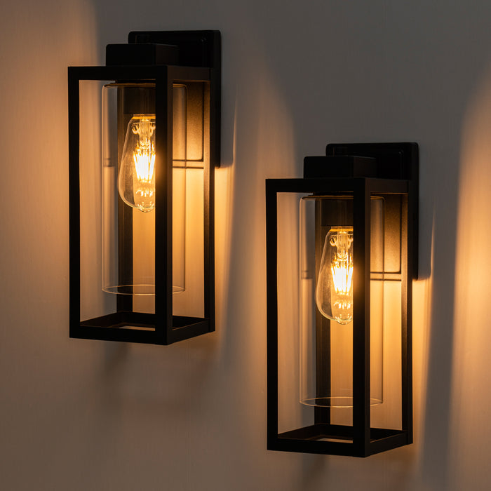 14 in. 1-Light Matte Black Outdoor Wall Lantern Sconce with Cylinder Clear Glass Shade(2-Pack)