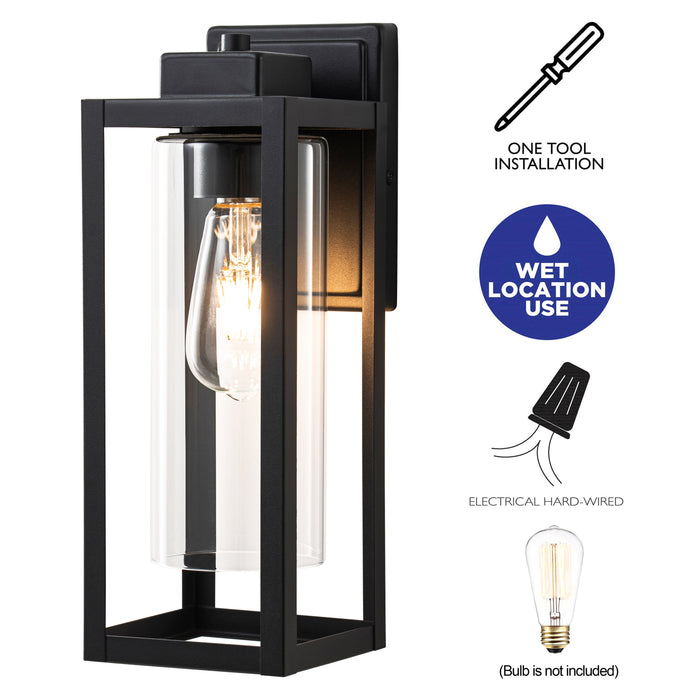 14 in. 1-Light Matte Black Outdoor Wall Lantern Sconce with Cylinder Clear Glass Shade(2-Pack)