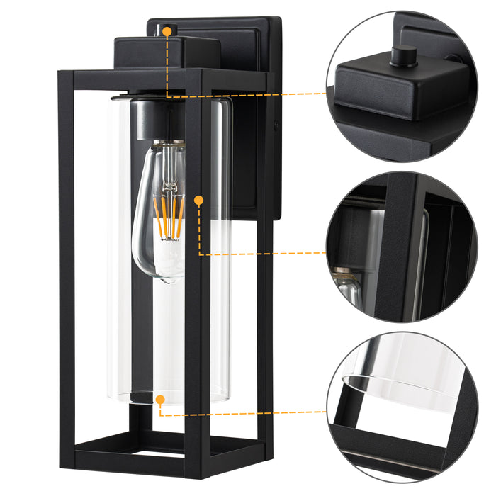 14 in. 1-Light Matte Black Outdoor Wall Lantern Sconce with Cylinder Clear Glass Shade(2-Pack)