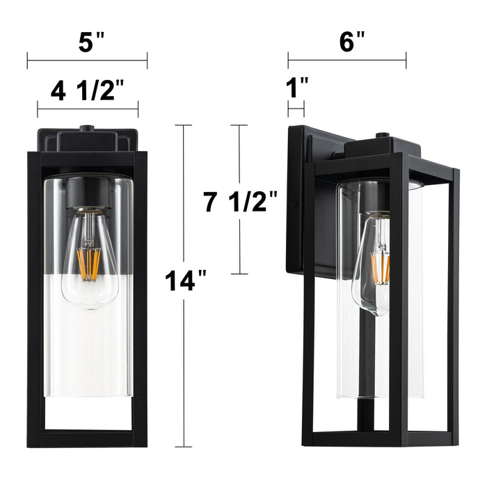 14 in. 1-Light Matte Black Outdoor Wall Lantern Sconce with Cylinder Clear Glass Shade(2-Pack)