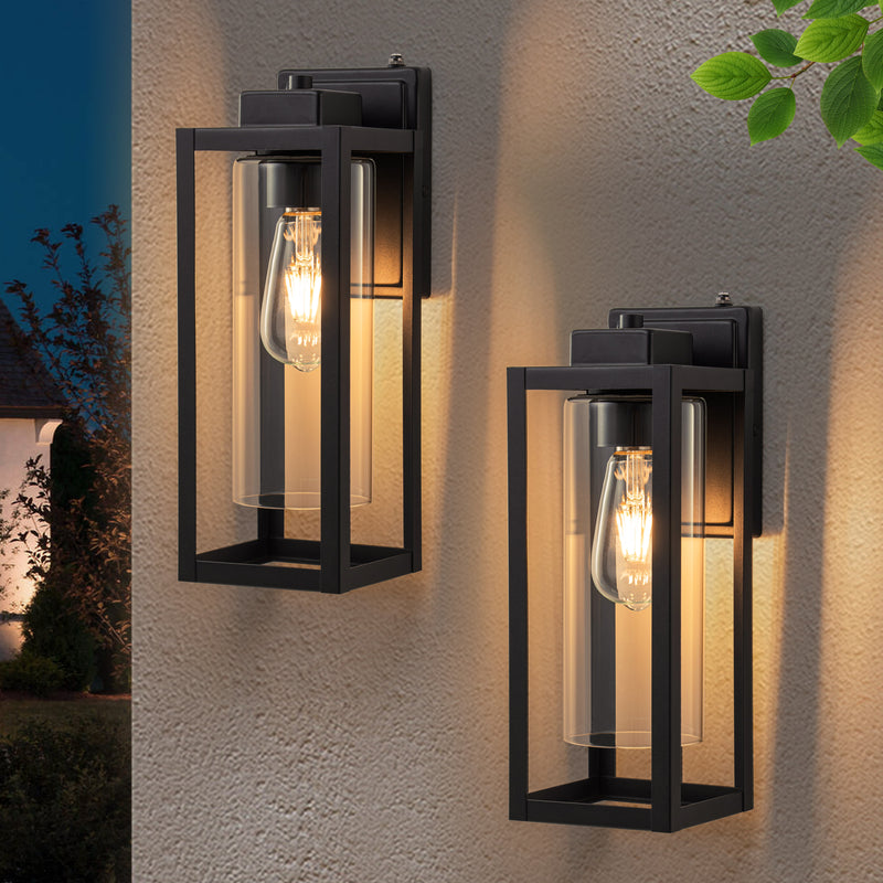 14 in. 1-Light Matte Black Dusk to Dawn Outdoor Wall Lantern Sconce with Cylinder Clear Glass Shade (2-Pack)