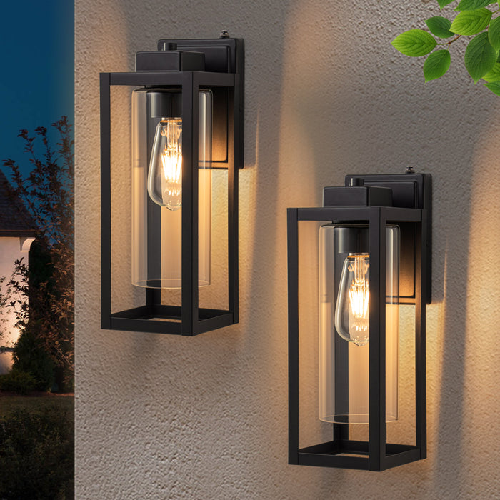 14 in. 1-Light Matte Black Dusk to Dawn Outdoor Wall Lantern Sconce with Cylinder Clear Glass Shade (2-Pack)