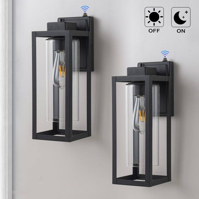 14 in. 1-Light Matte Black Dusk to Dawn Outdoor Wall Lantern Sconce with Cylinder Clear Glass Shade (2-Pack)