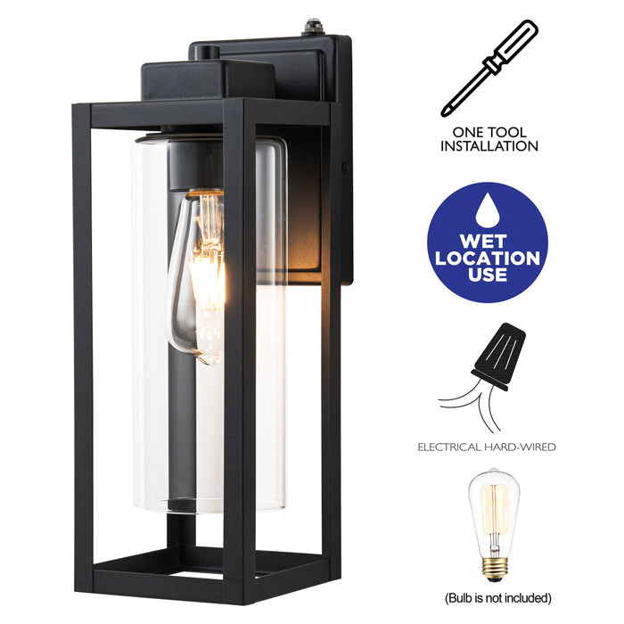 14 in. 1-Light Matte Black Dusk to Dawn Outdoor Wall Lantern Sconce with Cylinder Clear Glass Shade (2-Pack)