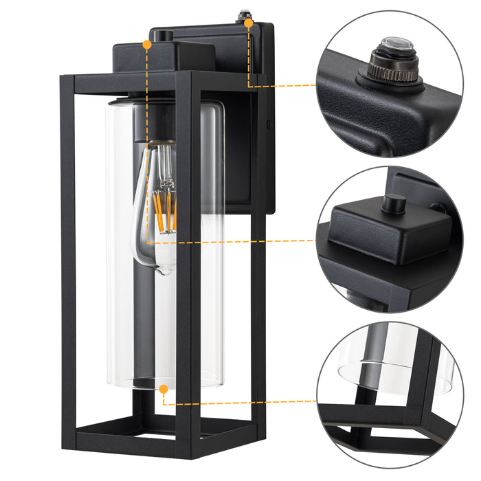 14 in. 1-Light Matte Black Dusk to Dawn Outdoor Wall Lantern Sconce with Cylinder Clear Glass Shade (2-Pack)