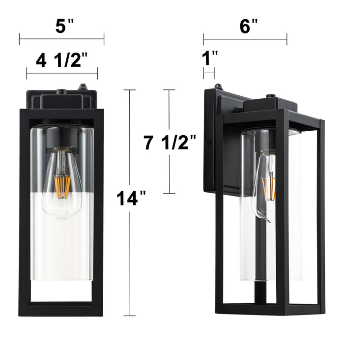 14 in. 1-Light Matte Black Dusk to Dawn Outdoor Wall Lantern Sconce with Cylinder Clear Glass Shade (2-Pack)