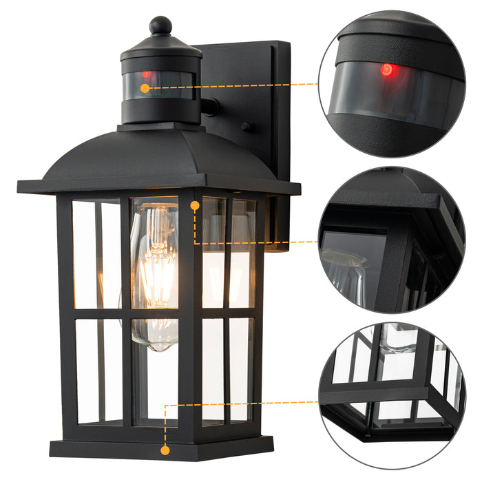Matte Black Motion Sensor Outdoor Wall Lantern,Dusk to Dawn Exterior Light Fixture with Clear Glass