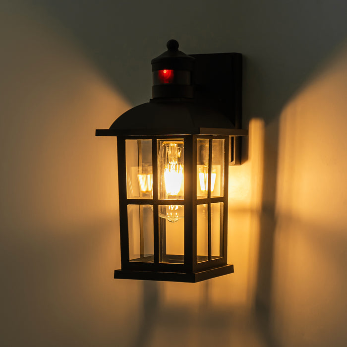 Matte Black Motion Sensor Outdoor Wall Lantern,Dusk to Dawn Exterior Light Fixture with Clear Glass