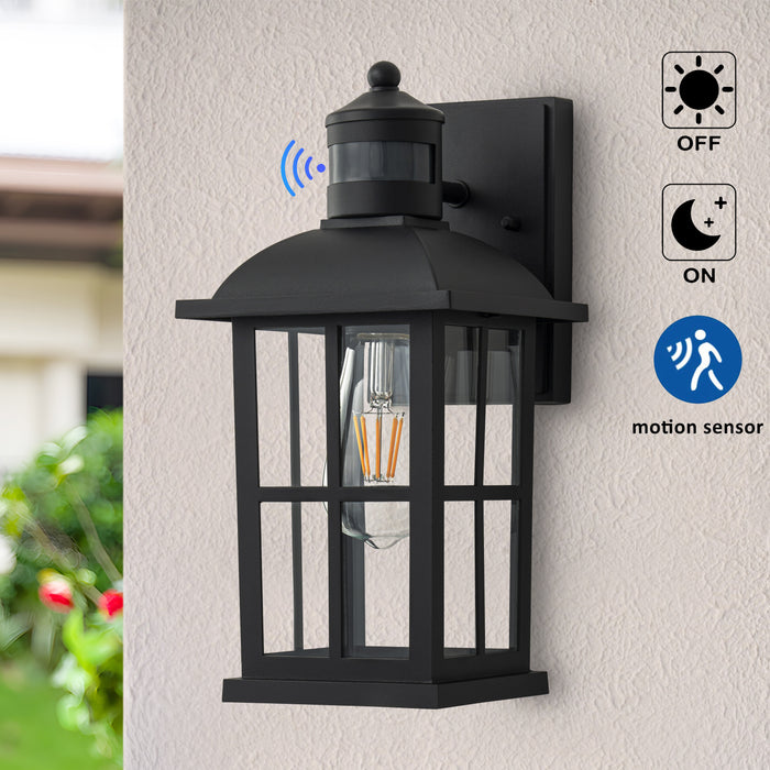 Matte Black Motion Sensor Outdoor Wall Lantern,Dusk to Dawn Exterior Light Fixture with Clear Glass