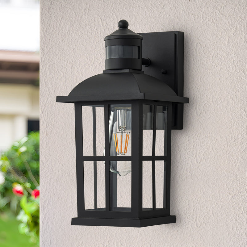 Matte Black Motion Sensor Outdoor Wall Lantern,Dusk to Dawn Exterior Light Fixture with Clear Glass