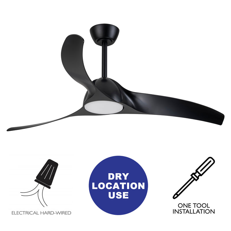 52in. 3-Blades Black Dimmable Changeable 3000K/4000K/5000K LED Ceiling Fan with Remote Control