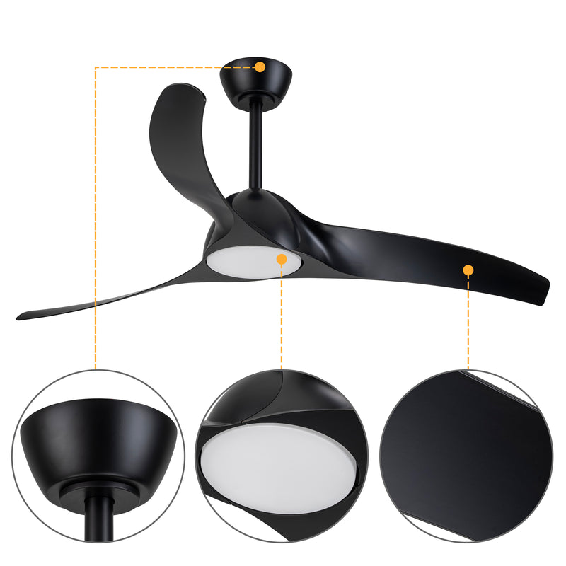 52in. 3-Blades Black Dimmable Changeable 3000K/4000K/5000K LED Ceiling Fan with Remote Control