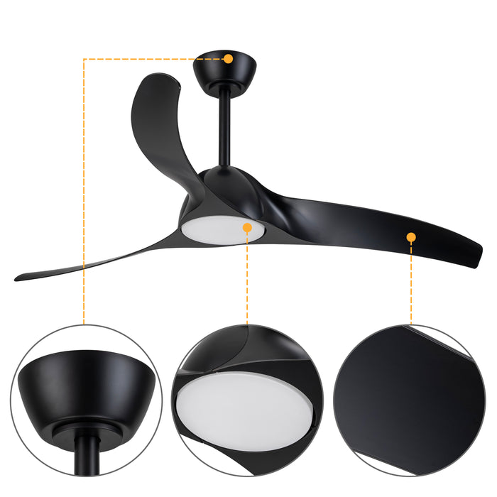 52in. 3-Blades Black Dimmable Changeable 3000K/4000K/5000K LED Ceiling Fan with Remote Control