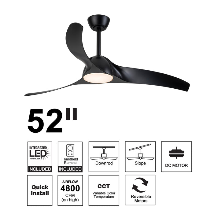 52in. 3-Blades Black Dimmable Changeable 3000K/4000K/5000K LED Ceiling Fan with Remote Control