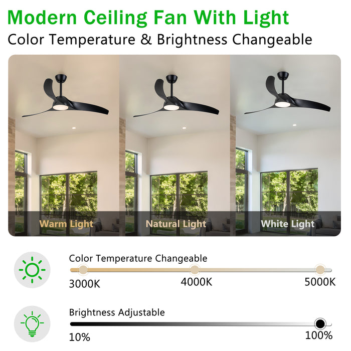 52in. 3-Blades Black Dimmable Changeable 3000K/4000K/5000K LED Ceiling Fan with Remote Control