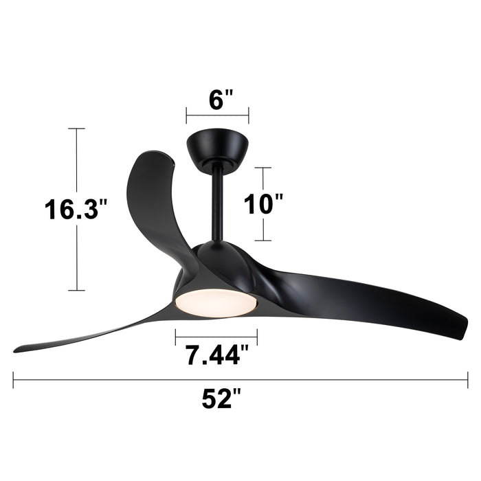 52in. 3-Blades Black Dimmable Changeable 3000K/4000K/5000K LED Ceiling Fan with Remote Control