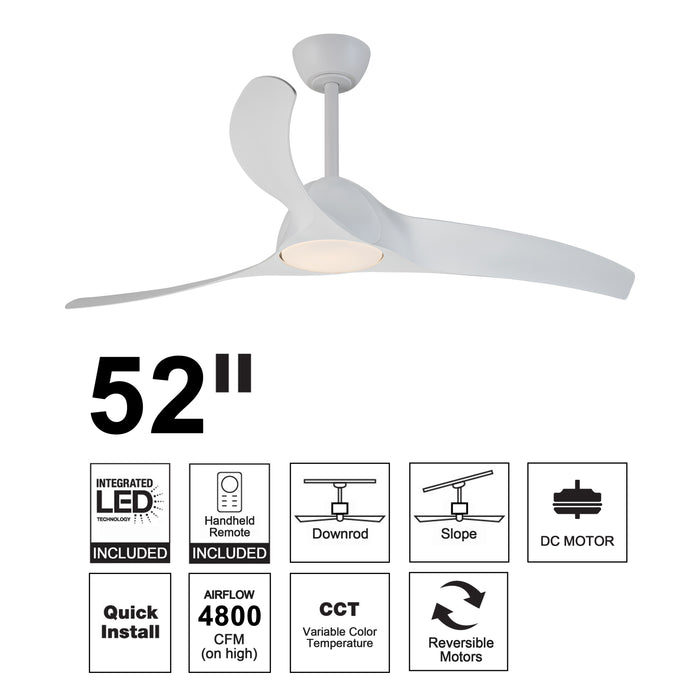 52in. 3-Blades White Dimmable Changeable 3000K/4000K/5000K LED Ceiling Fan with Remote Control