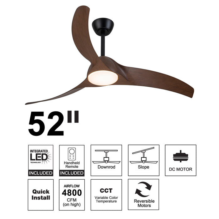 52in. 3-Blades Woodgrain Finish Dimmable Changeable 3000K/4000K/5000K LED Ceiling Fan with Remote Control
