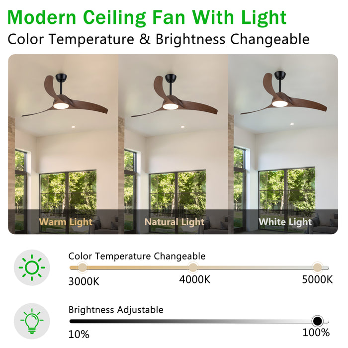52in. 3-Blades Woodgrain Finish Dimmable Changeable 3000K/4000K/5000K LED Ceiling Fan with Remote Control