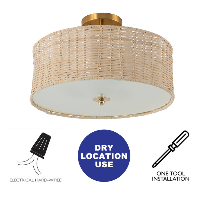 3-Light Woven Rattan Semi-Flush Mount Ceiling Light