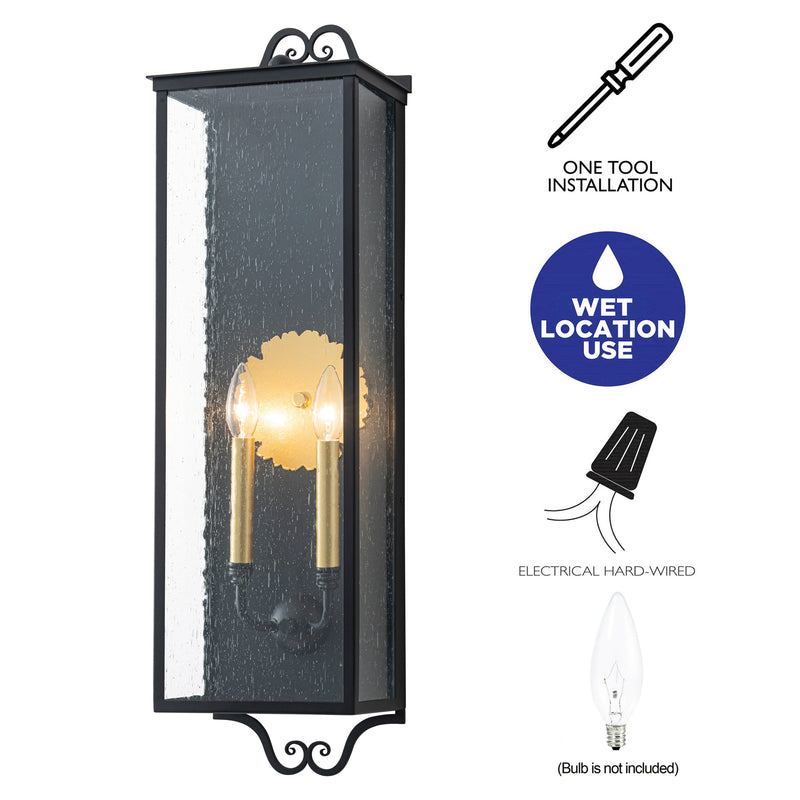 30.25 in. Black Outdoor Wall Lantern Sconce with Seeded Glass and Gold Accent